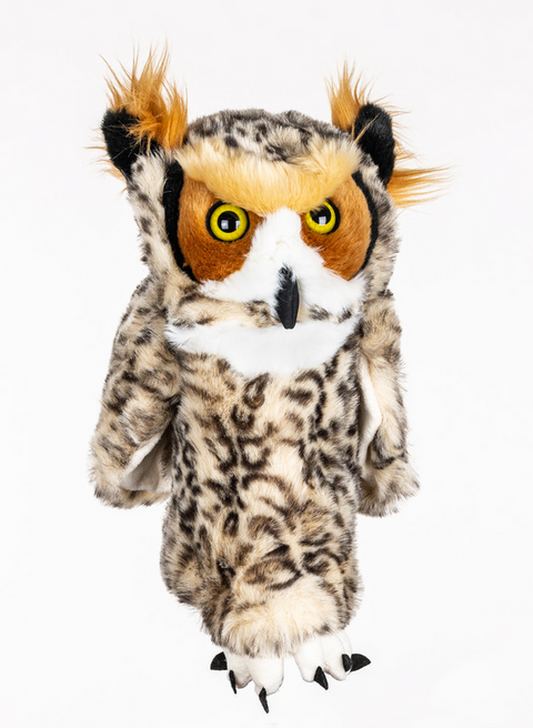 This plush hand puppet resembles an owl with realistic brown and white feathers, large yellow eyes, black beak, and furry tufts—perfect as a Daphnes Animal Golf Headcover by Daphne. Shown isolated on a white background.