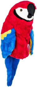 Brightly colored plush parrot headcover from Daphnes Animal Golf Headcovers by Daphne, featuring a red body, blue wings and tail, yellow accents, white face, black beak, and side tag—ideal for protecting your golf clubs or expanding your collection.