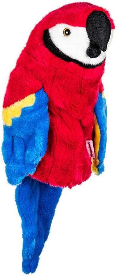 Brightly colored plush parrot headcover from Daphnes Animal Golf Headcovers by Daphne, featuring a red body, blue wings and tail, yellow accents, white face, black beak, and side tag—ideal for protecting your golf clubs or expanding your collection.