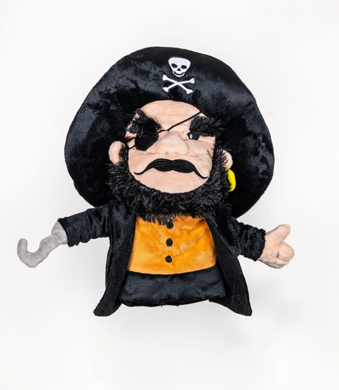A plush pirate puppet golf headcover from Daphnes Animal Golf Headcovers by Daphne, featuring a black hat with skull and crossbones, black beard, mustache, eye patch, yellow shirt, black coat, hook hand, and gold earring on a white background.