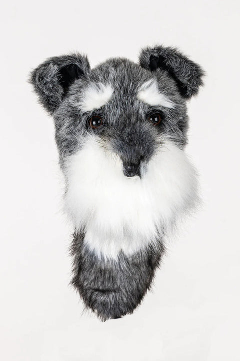 A realistic, plush gray and white fox or wolf headcover by Daphne’s Animal Golf Headcovers features pointed ears, white eyebrows, and a fluffy snout—perfect for your driver club. Photographed against a plain white background.