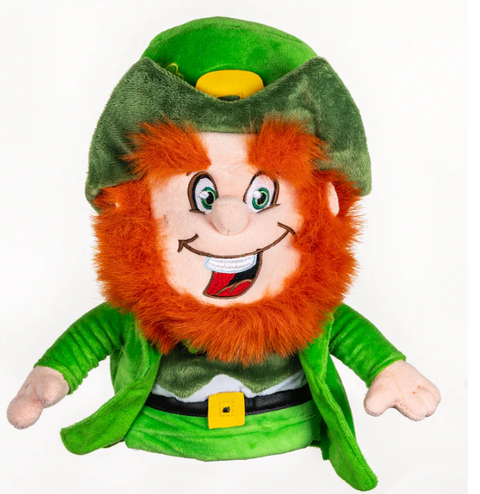 A plush hand puppet of a cheerful leprechaun—bushy orange beard, green coat and hat with a yellow buckle—inspired by Daphnes Animal Golf Headcovers from Daphne.