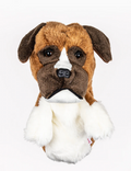 A plush hand puppet by Daphne, designed as a brown and white dog with floppy ears and a black nose, serves as a fun Daphnes Animal Golf Headcover—ideal for golfers who love playful protection for their clubs.