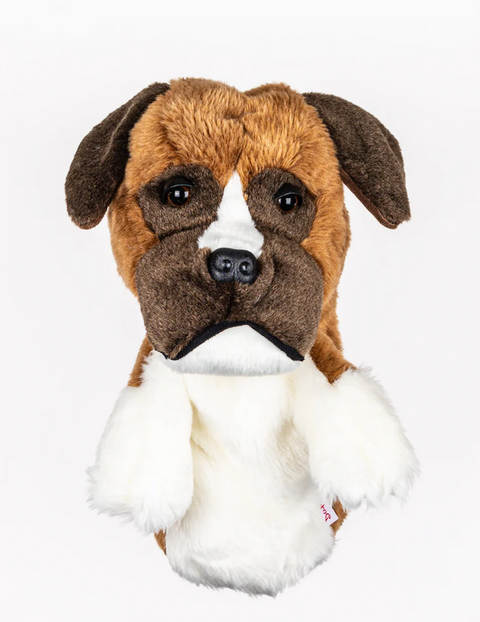 A plush hand puppet by Daphne, designed as a brown and white dog with floppy ears and a black nose, serves as a fun Daphnes Animal Golf Headcover—ideal for golfers who love playful protection for their clubs.