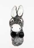 A fluffy gray donkey hand puppet with white ears, round eyes, and black hooves by Daphne resembles Daphnes Animal Golf Headcovers, making a charming golf headcover against a plain white background.