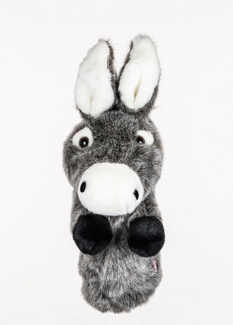 A fluffy gray donkey hand puppet with white ears, round eyes, and black hooves by Daphne resembles Daphnes Animal Golf Headcovers, making a charming golf headcover against a plain white background.