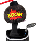 A plush bomb-shaped driver headcover with a red fuse and bold BOOM lettering adds playful flair to a golf bag next to an iron and classic Daphnes Animal Golf Headcovers by Daphne.