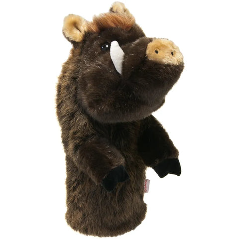 A plush wild boar golf headcover by Daphne features brown fur, black hooves, white tusks, and a tan snout—similar in style to Daphnes Animal Golf Headcovers—shown upright against a white background.