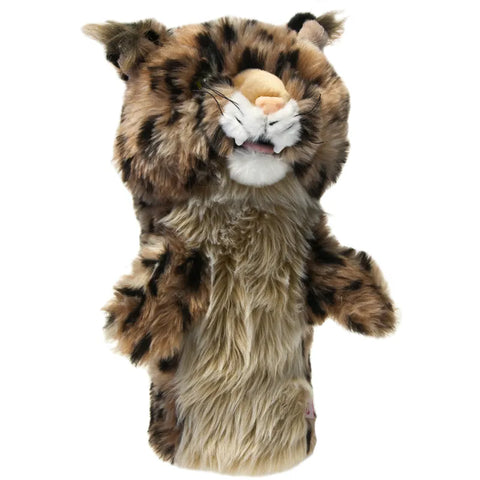 A plush wildcat puppet by Daphne, featuring spotted brown fur, pointed ears, whiskers, and a white muzzle—ideal as a Daphnes Animal Golf Headcover for drivers or as a collectible.