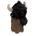 A Daphnes Animal Golf Headcover by Daphne, designed as a buffalo with shaggy black and brown fur and two large white horns, features a playful style and is set against a plain white background.