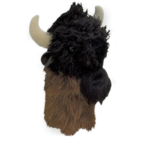 A Daphnes Animal Golf Headcover by Daphne, designed as a buffalo with shaggy black and brown fur and two large white horns, features a playful style and is set against a plain white background.