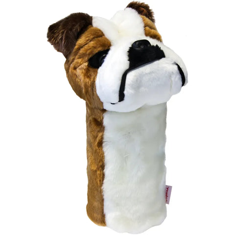 Part of the Daphnes Animal Golf Headcovers collection by Daphne, this plush driver headcover resembles a bulldog with brown and white fur, black accents, and detailed facial features.