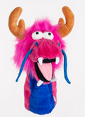 A whimsical dragon plush puppet with bright pink fur, blue accents, big googly eyes, and floppy blue whiskers—styled like Daphne’s Animal Golf Headcovers by Daphne—shown on a white background.