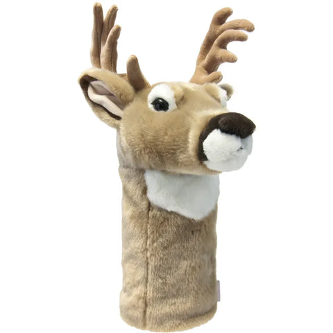 Daphnes Animal Golf Headcovers features a plush driver headcover shaped like a deer’s head, with brown fur, white accents, large ears, black nose, and lifelike antlers—part of the charming Daphne collection.