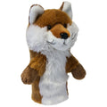 A Daphnes Animal Golf Headcover by Daphne, featuring a plush fox design with brown fur, white cheeks and chest, black eyes, and a black nose, stands upright against a plain white background.