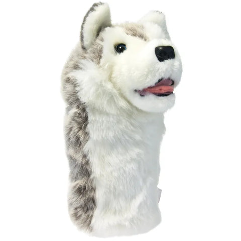 A plush golf club headcover by Daphne, shaped like a huskys head with white-gray fur, upright ears, and an open mouth with a pink tongue—part of the Daphnes Animal Golf Headcovers collection.