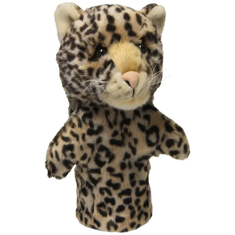 A plush leopard hand puppet with a realistic spotted pattern and cream face resembles the playful style of Daphnes Animal Golf Headcovers by Daphne, known for popular animal-themed golf accessories.