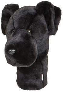 A plush, black dog head golf headcover by Daphne, featuring floppy ears, round eyes, and a shiny nose. This Daphnes Animal Golf Headcover resembles a stuffed animal and is set against a plain white background.