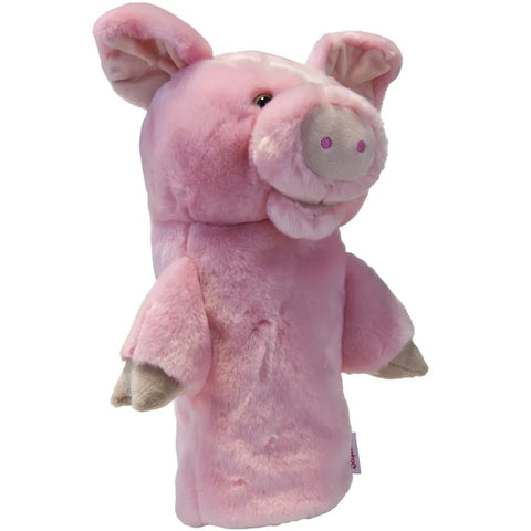 A soft, plush hand puppet shaped like a pink pig with floppy ears and embroidered features, just like the whimsical Daphnes Animal Golf Headcovers by Daphne, used as animal driver headcovers for golf club protection.