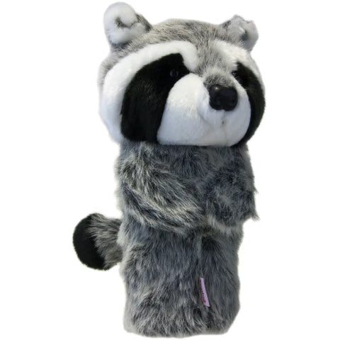 A plush raccoon golf headcover from Daphnes Animal Golf Headcovers by Daphne, featuring soft grey fur, black and white facial details, small ears, and a bushy striped tail, stands upright against a white background.