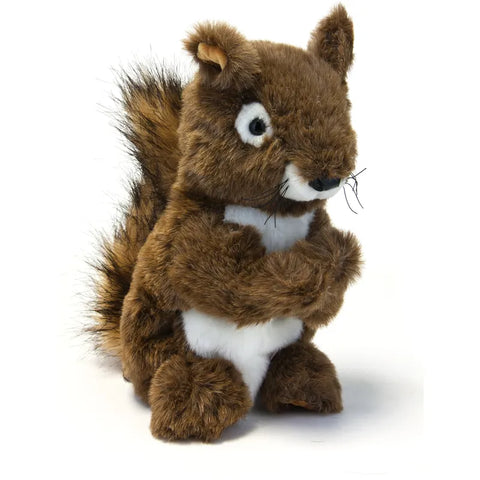 A plush brown and white squirrel with a bushy tail and black eyes sits upright with front paws together—a charming Daphne’s Animal Golf Headcover by Daphne.