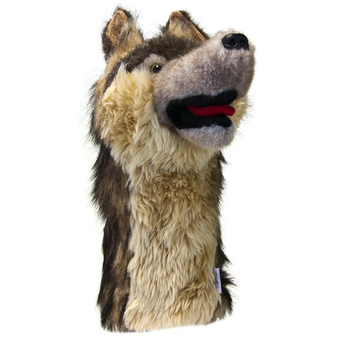 Daphne’s plush wolf hand puppet, featuring shaggy brown and beige fur, upright ears, and a red mouth, is perfect as a Daphnes Animal Golf Headcover for your driver or as a fun animal golf club cover on the course.