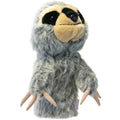 A gray, furry sloth hand puppet with long beige claws, black eye markings, and a gentle smile—resembling the soft, charming sloth animal golf headcovers by Daphne’s Animal Golf Headcovers from Daphne. Its arms are raised and its fur looks fluffy.