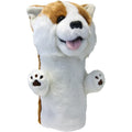 A plush dog puppet resembling Daphnes Animal Golf Headcovers by Daphne, featuring white and brown fur, black eyes and nose, tongue out, raised front paws with brown prints, all set against a plain white background.