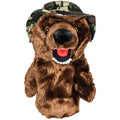 A plush brown bear puppet with a wide open mouth and a camo hat serves as Daphne’s Animal Golf Headcovers by Daphne—perfect as a driver headcover, shown against a white background.