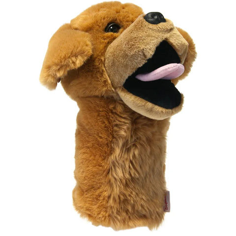 A brown, plush dog puppet driver headcover by Daphne’s Animal Golf Headcovers, featuring floppy ears, a black nose, and a pink tongue—ideal for fun-loving golfers seeking playful style.
