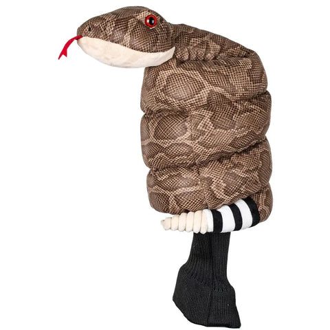A person wears a realistic brown snake costume draped over their upper body, its head resting on one shoulder—resembling Daphnes Animal Golf Headcovers by Daphne. Their legs, in black and white socks, remain visible.