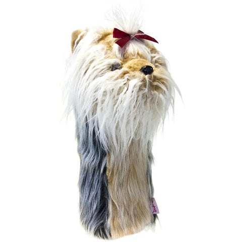 Daphnes Animal Golf Headcovers by Daphne features a plush Yorkshire Terrier driver cover with long gray, tan, and white fur and a red bow—perfect for adding cute style to your golf bag.