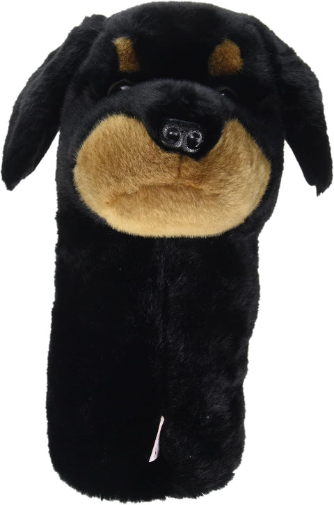 Daphnes Animal Golf Headcover by Daphne features a plush black and brown dog design resembling a Rottweiler, with floppy ears and soft, furry texture—part of the popular Daphnes Animal Headcovers collection.