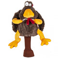 A plush turkey with a brown and yellow body, orange beak and feet, and wide eyes sits atop a ribbed base, making this Daphnes Animal Golf Headcover a charming addition to any golf bag.