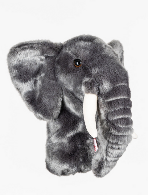 The Daphnes Animal Golf Headcover by Daphne features a plush gray elephant design with large ears, white tusks, and a soft furry texture—perfect for adding personality to your golf bag. Displayed on a plain white background.