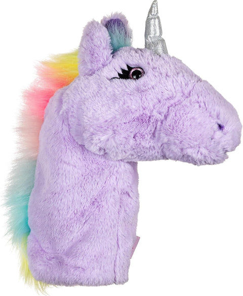 Daphnes Animal Golf Headcovers by Daphne features a plush unicorn head driver cover with light purple fur, silver horn, black embroidered eye, and a rainbow mane, facing right against a white background.