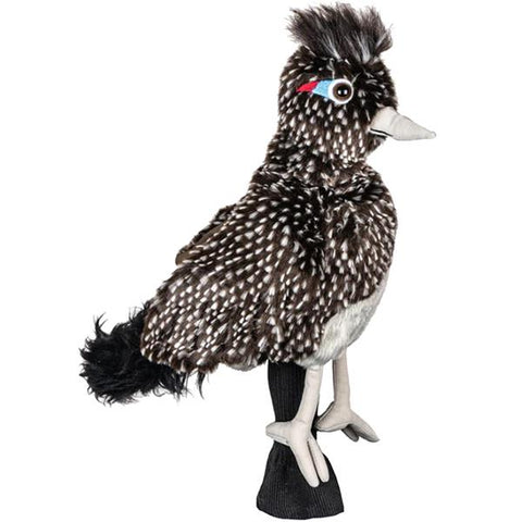 A unique Daphnes Animal Golf Headcover by Daphne, designed as a plush bird with black and white speckled feathers, a tufted head, gray beak, red and blue eye accents, and black tail—perfect for protecting your driver.