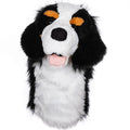 Daphnes Animal Golf Headcovers by Daphne features a plush dog hand puppet in black, white, and brown with floppy ears, orange eyebrows, and a pink tongue—perfect for adding fun to your driver headcover collection.