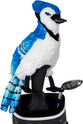 A Daphnes Animal Golf Headcover by Daphne, inspired by a blue jay, showcases vibrant blue and white colors with bold black accents atop a golf club, with part of the golf bag visible below.