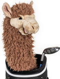 A plush llama driver headcover with soft brown fur and a friendly face sits in a golf bag—perfect for fans of Daphnes Animal Golf Headcovers by Daphne.