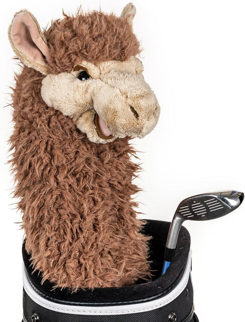 A plush llama driver headcover with soft brown fur and a friendly face sits in a golf bag—perfect for fans of Daphnes Animal Golf Headcovers by Daphne.