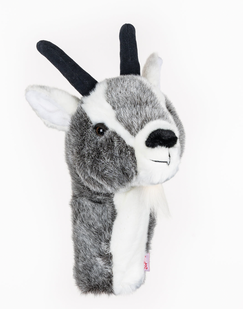 A plush Daphnes Animal Golf Headcover by Daphne, styled like an antelope or gazelle with gray and white fur, black button eyes, horns, and white inner ears, is shown against a plain white background.