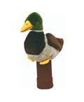 A plush duck with a green head and yellow beak sits on a brown ribbed base, featured as one of Daphnes Animal Golf Headcovers by Daphne for your driver, shown against a white background.