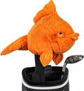 A Daphnes Animal Golf Headcover by Daphne—a bright orange plush fish—covers a club in a black and white golf bag, highlighting the brand’s fun animal headcovers perfect for adding personality to your game.