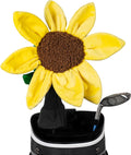 A plush sunflower headcover from Daphne’s Animal Golf Headcovers by Daphne, featuring yellow petals and a brown center, sits in a golf bag beside a club, bringing cheerful charm to your headcover collection.