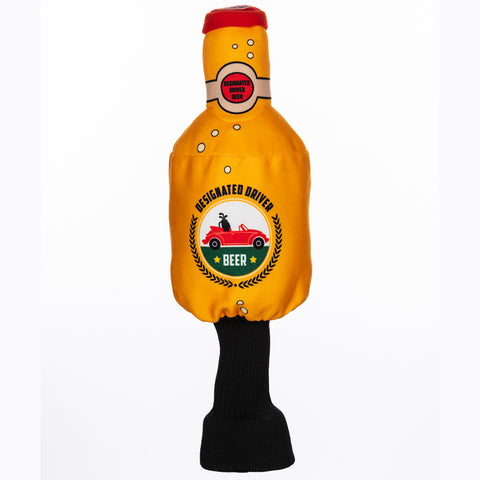 Daphnes Animal Golf Headcovers by Daphne: A fun beer bottle-shaped driver cover with a red cap, Designated Driver text above a red car and green label, plus a black ribbed bottom that fits like a sock—matches popular Daphne animal headcovers.