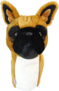 A plush golf headcover by Daphne, designed as a brown and black dog with large upright ears and a white chest, from Daphnes Animal Golf Headcovers collection, shown front-facing against a white background.