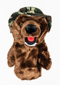 A brown bear puppet with a wide open mouth, white teeth, red tongue, and a green camouflage hat resembles Daphnes Animal Golf Headcovers by Daphne, shown against a plain white background.