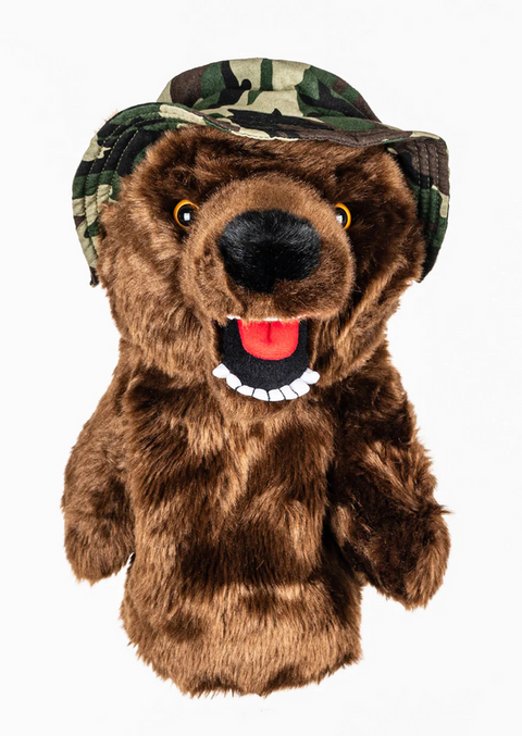 A brown bear puppet with a wide open mouth, white teeth, red tongue, and a green camouflage hat resembles Daphnes Animal Golf Headcovers by Daphne, shown against a plain white background.