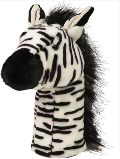 Daphnes Animal Golf Headcovers by Daphne: This plush zebra hand puppet features black and white stripes, a black mane, and upright ears—ideal for using as an animal golf driver headcover. Shown on a white background.